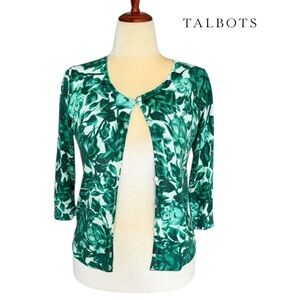 Talbots Silk Emerald Green Leaf Print Cardigan Sweater Size Small P 3/4 Sleeves